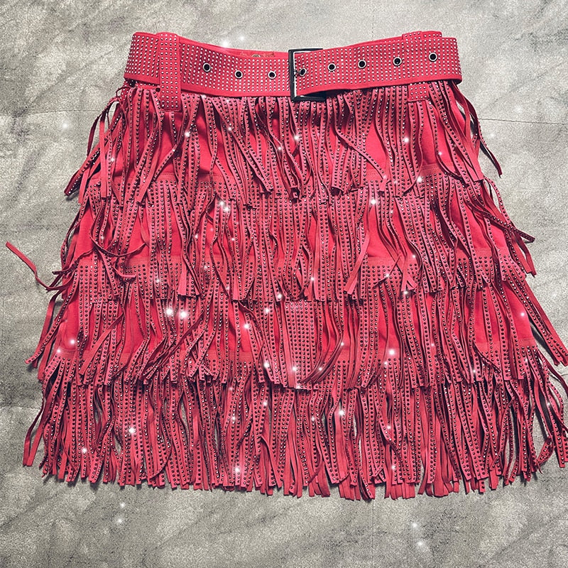 Women Skirt Fashion New Autumn High Waist Belt Multi Layer Short Heavy Drilling Rhinestones Fringed Skirt with Cake A Line