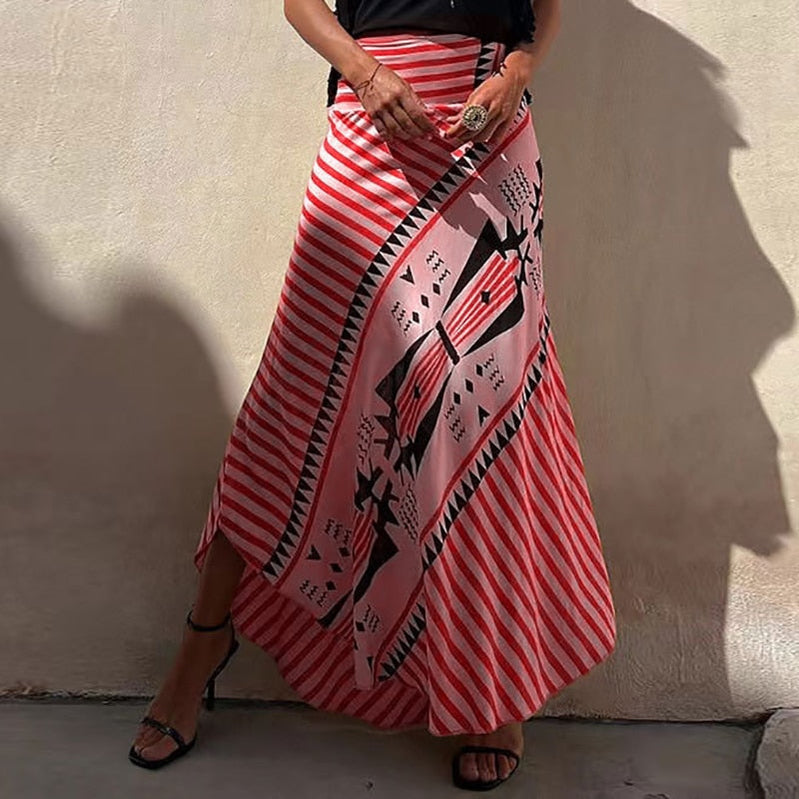 Boho Retro Patchwork Print Skirt Women Summer High Waist A-Line Elastic Long Skirts Casual Holiday Beach Skirt 03 Red Print