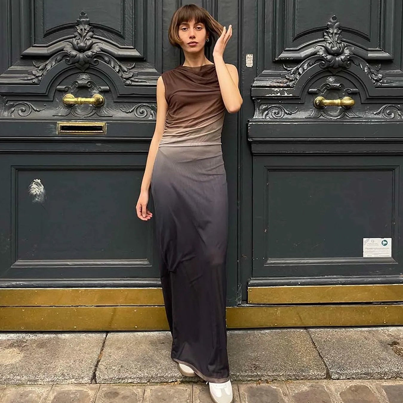 Women's Breathable Bodycon Maxi Dress Sleeveless Round Neck Gradient Print Ruched Tank Women's Clothing Dresses Beachwear