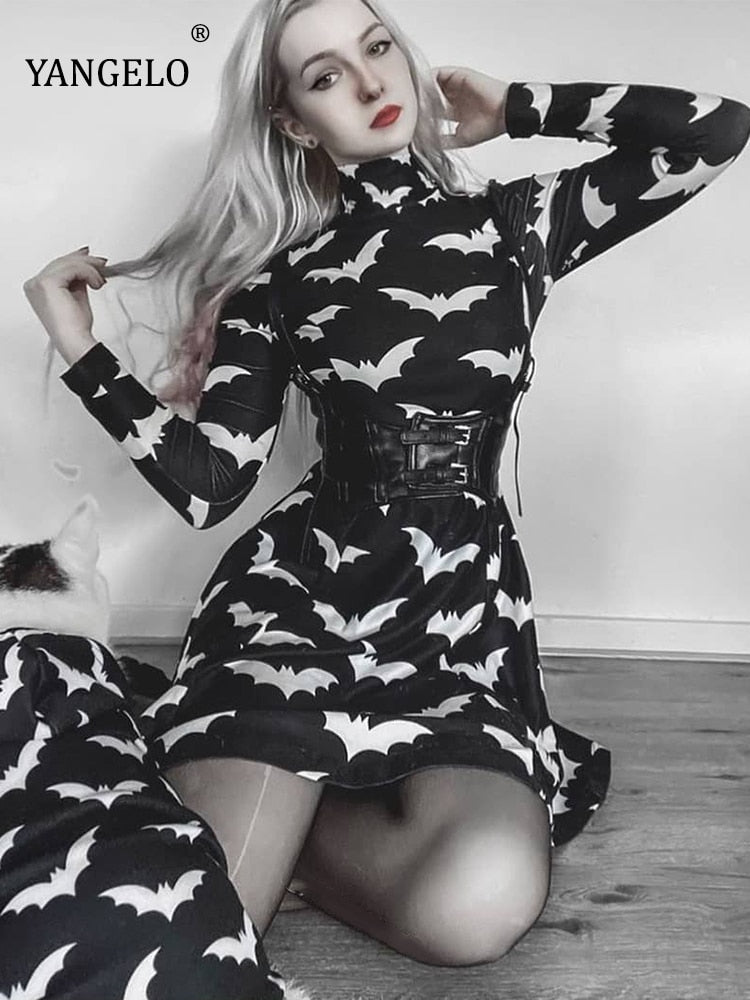 Gothic Black Bat Printed Dress Tutleneck for Women Long Sleeve Spring Fall Punk Vestidos Party Outfits Soft Clothes