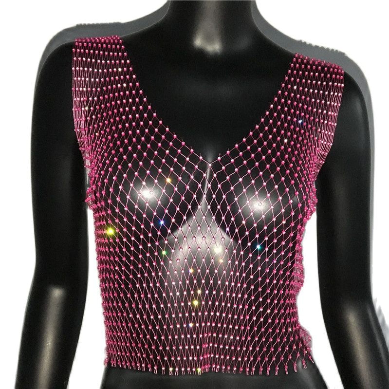 Women's Fishnet Rhinestone Crop Top 2023 Summer Sexy Mesh High Elastic Black White Shirt Net See Through Rave Diamond Tank Top Rose red V neck
