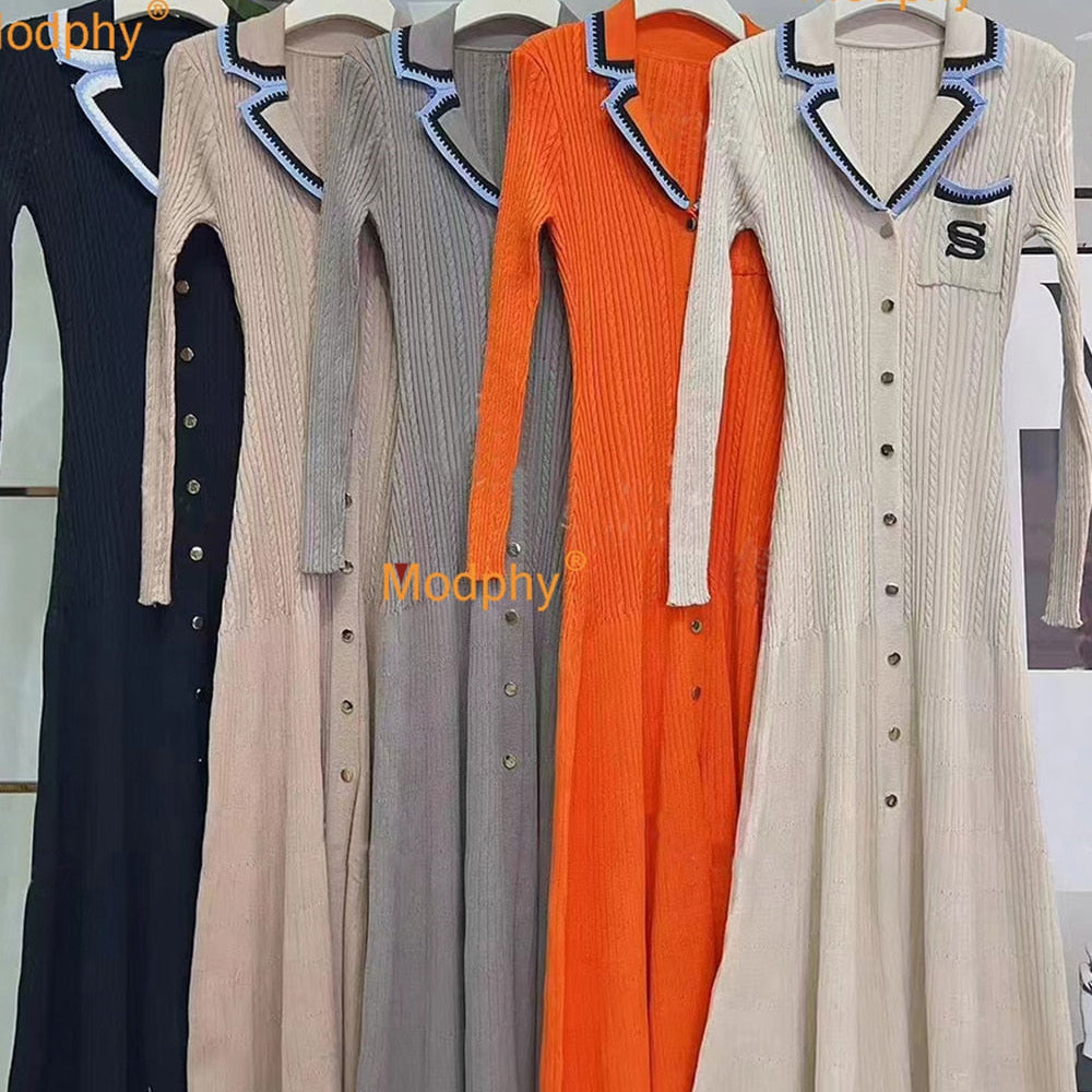 Modphy Elegant Slim Knitted Long Dress Women's Single breasted Long sleeved Designer Slim Vintage Dresses Autumn