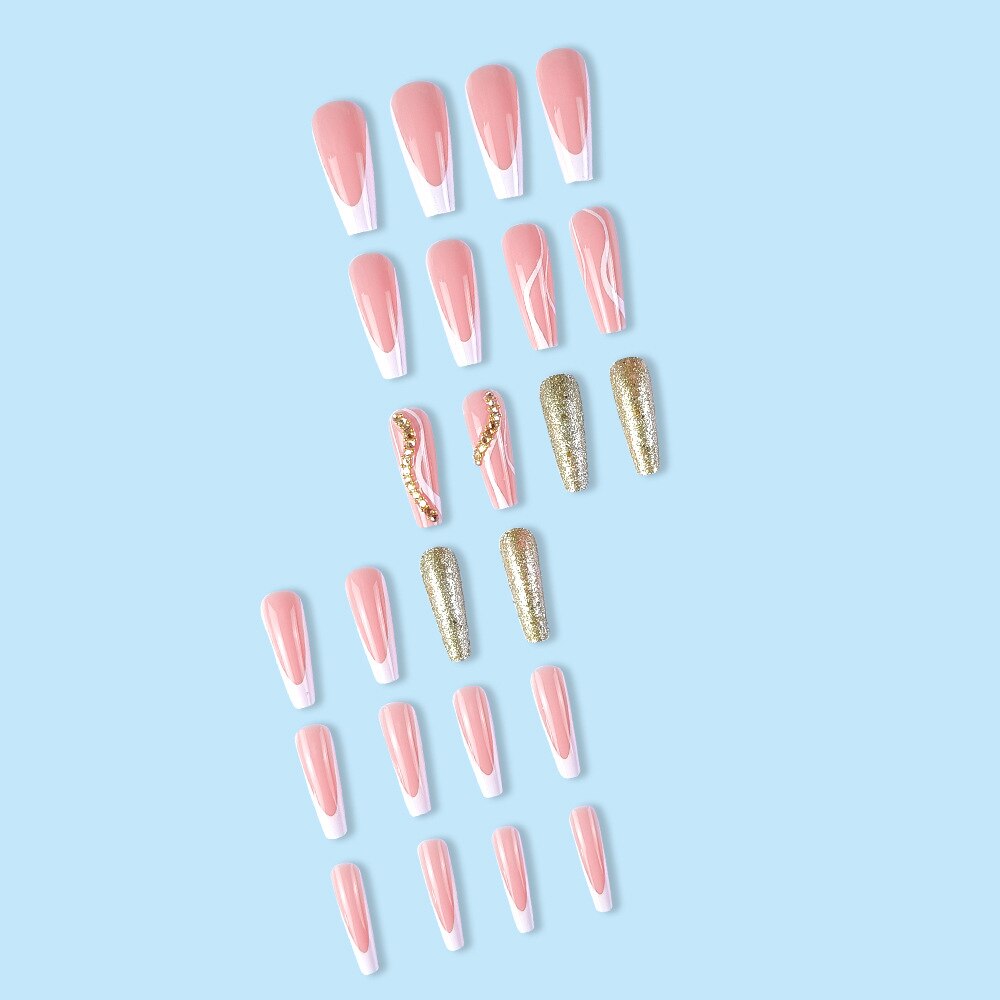 3D nude pink strobe fake nails accessories long french coffin tips with glitter diamond faux ongles press on false nail supplies