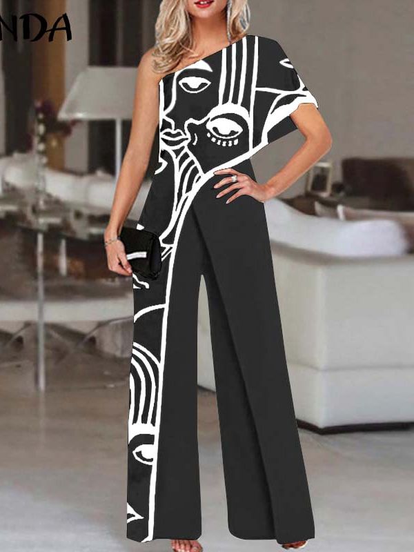 Women's Summer Rompers Elegant Office Formal Jumpsuits Casual Solid One Shoulder Sexy Loose Party Overalls Oversized Style C Black