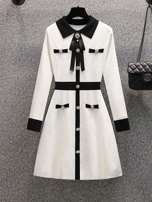 Small Fragrance Fall Winter Knitted Sweater Dress Women Bow Tie Buttons Vintage Party Mini Dress Elegant Casual Chic Robe Femme White One Size