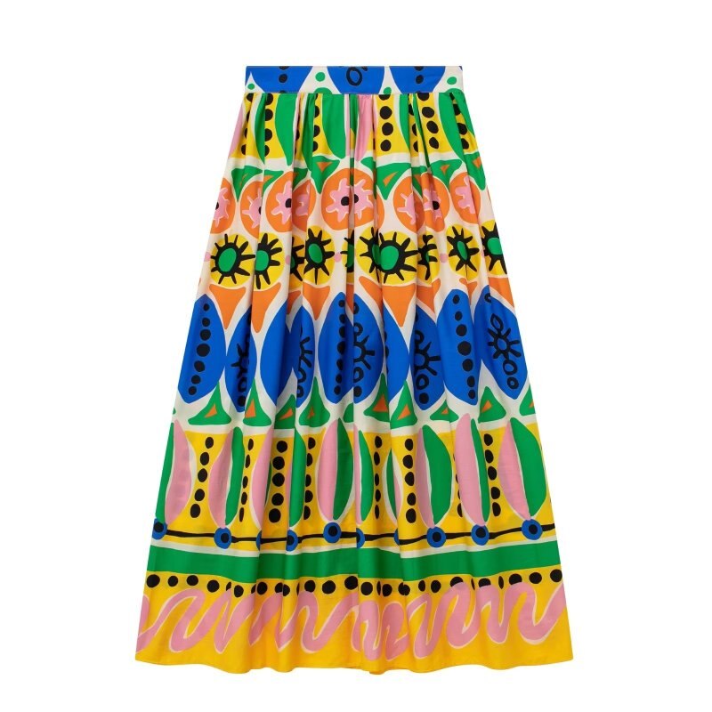 KJMYYX 2023 Fashion Summer Print Skirt Sets For Women Female Causal Halter Sleeveless Camisole Tops A-Line Mid-Calf Skirt