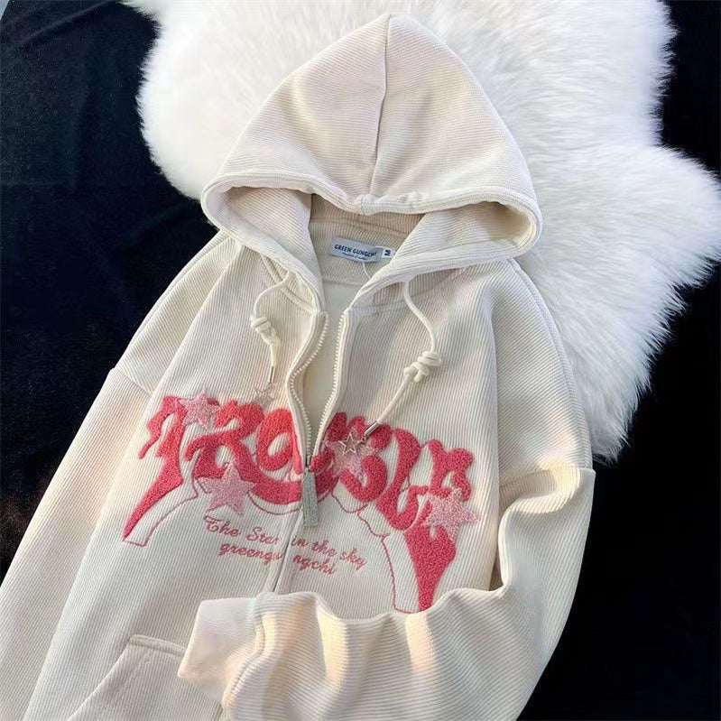 Women Letter Embroidered Hoodies Autumn Winter Vintage Zip Up Loose Hooded Sweatshirts Harajuku Y2K Long Sleeve Jacket Clothes Apricot