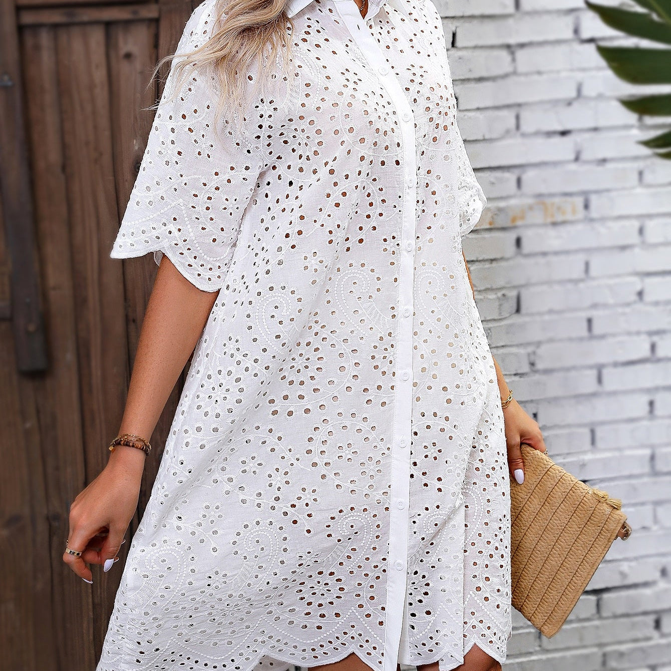 Eyelet Embroidery Drop Shoulder Dress Women's Button Front Dresses For Summer Elegant Party Dresses For Women