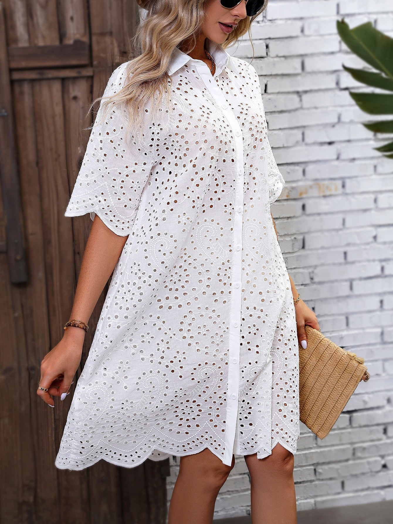 Eyelet Embroidery Drop Shoulder Dress Women's Button Front Dresses For Summer Elegant Party Dresses For Women