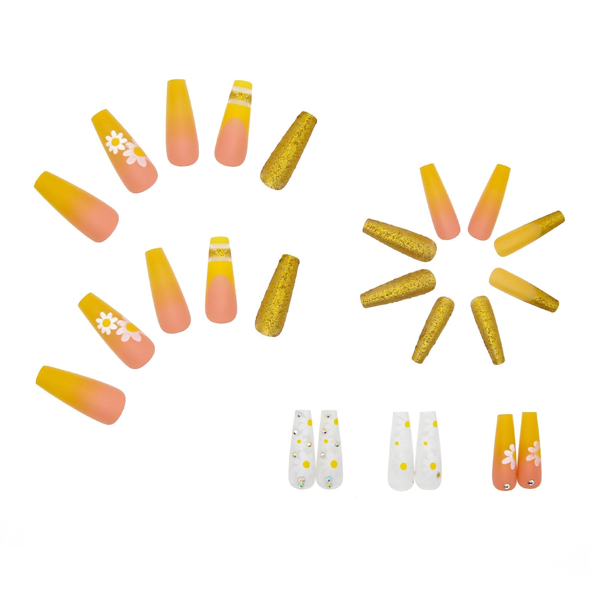 24Pcs/Box Yellow Daisy Long Ballerina Wearable Fake Nails Press on Full Cover Detachable Finished Fingernails