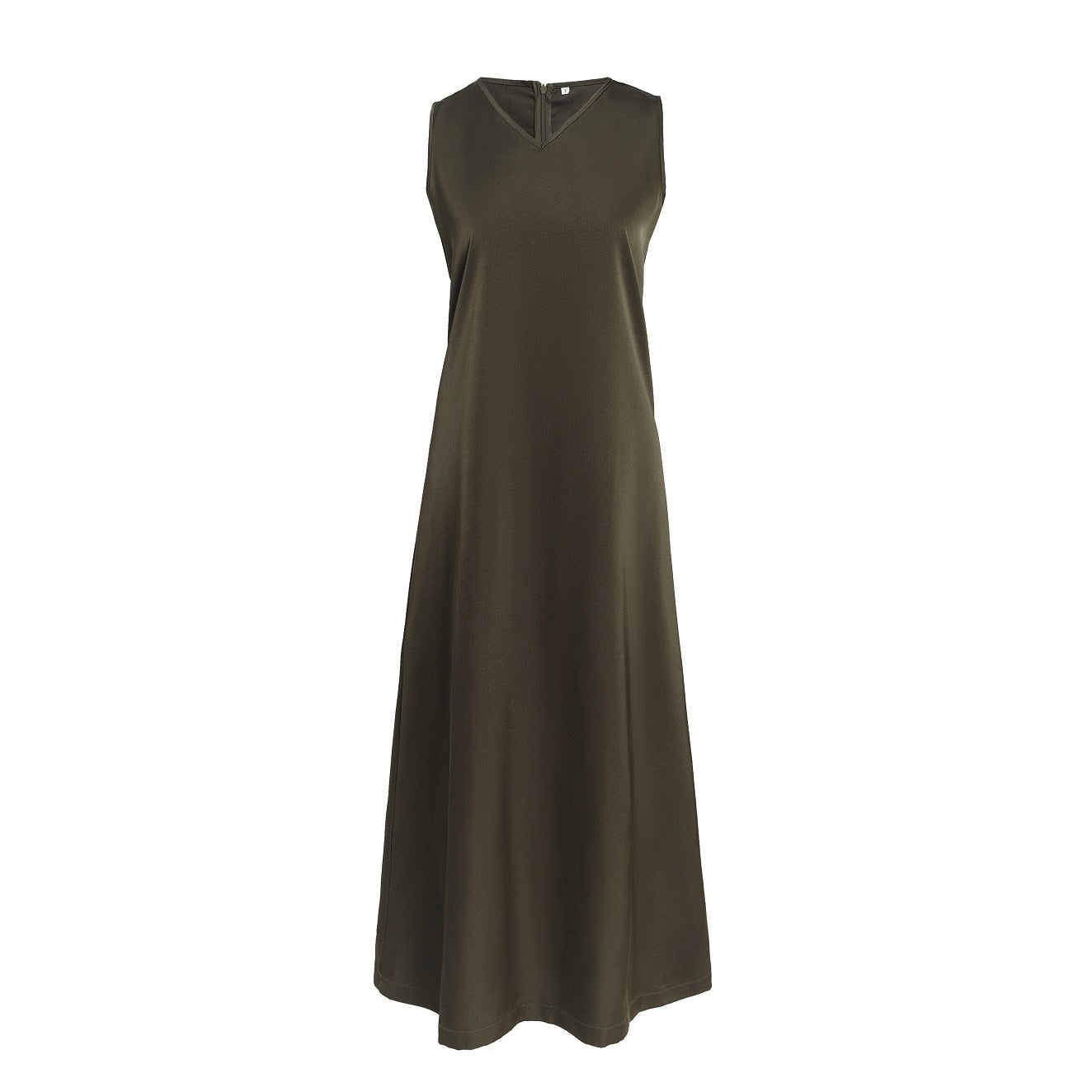 AP V Neck Satin Maxi Dress Rib Modal Mock Neck Fall Women Dress Three Colors Olive Dress