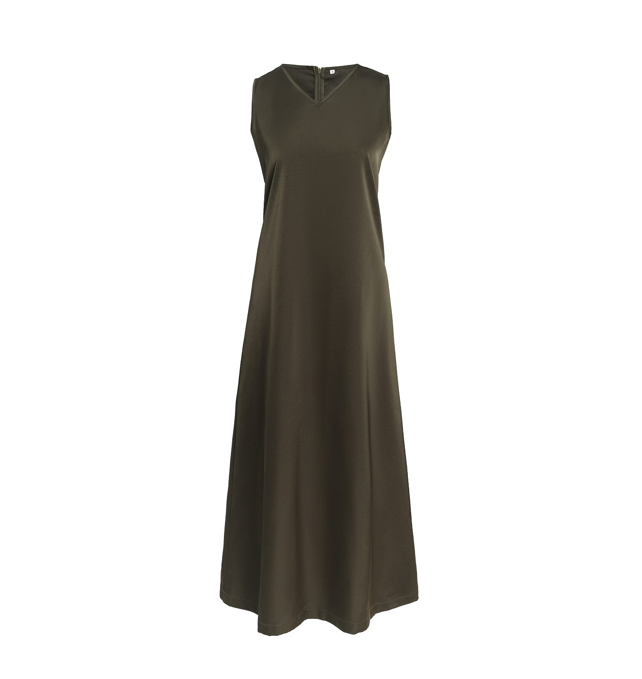 AP V Neck Satin Maxi Dress Rib Modal Mock Neck Fall Women Dress Three Colors Olive Dress