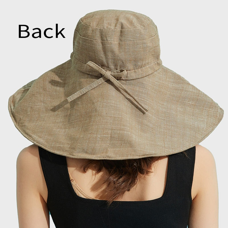 Wide Brim 18cm Linen Sun Hats for Women Uv Protection UPF 50+ Sunshade Foldable Bucket Hat Beach Outing Panama