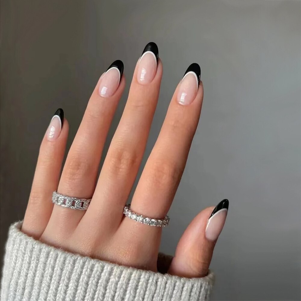 24Pcs/Box Almond Round Wavy False Nails Detachable Stiletto Fake Nails Full Cover French Ballerina Nail Tips Press On Nails b6