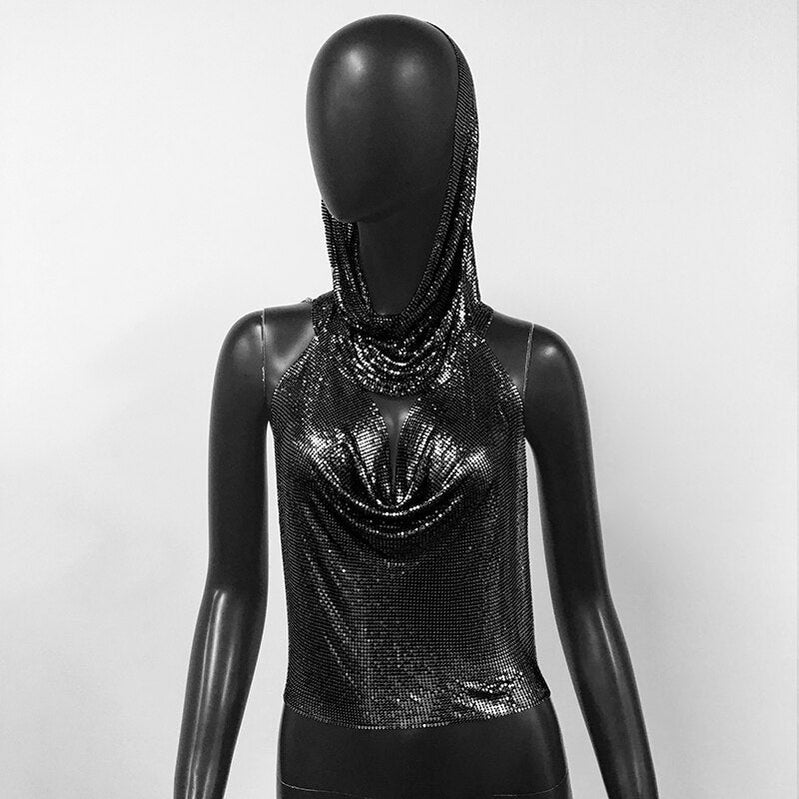 Women Metal Sequins Tank Top With Turban 2 Piece Sexy V Neck Backless Suspender Top Rave Festival Party Nightclub Camisole Black One Size