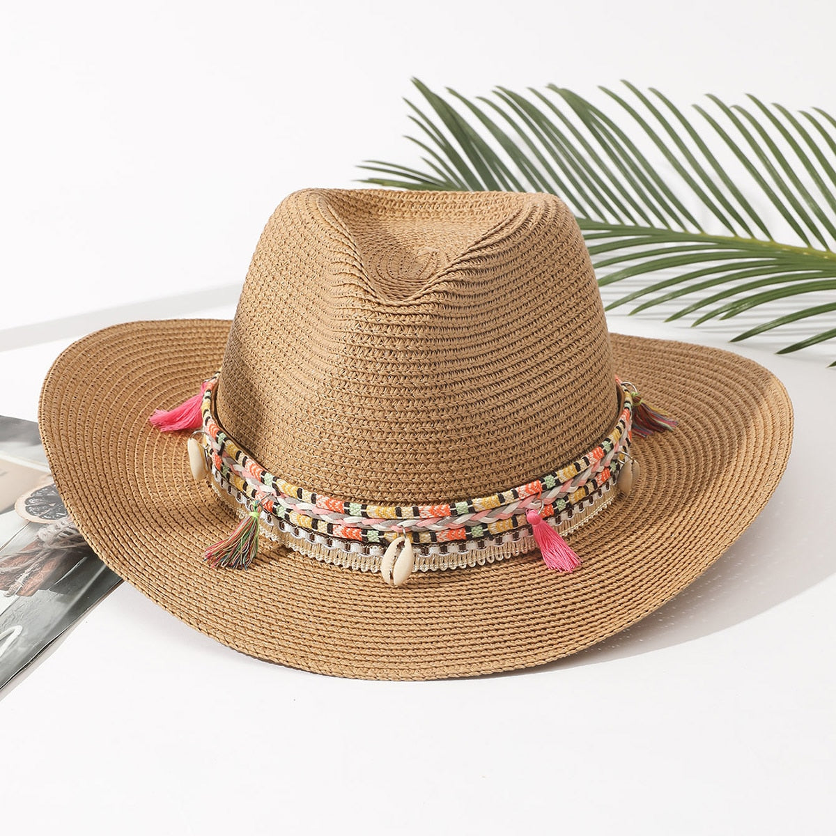 Women Pink Tassel Cowboy Hat Floppy Beach Hats Summer Straw Hats Ladies UV Protection Hat Panama Sun Hat camel