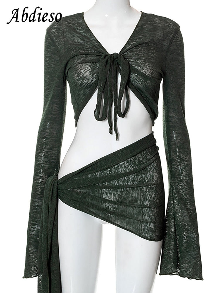 Abdieso Green Summer Sexy Beach Dress Sets Women See Through Outfits White Long Sleeve Crop Top and Mini Skirt 2 Pieces Set