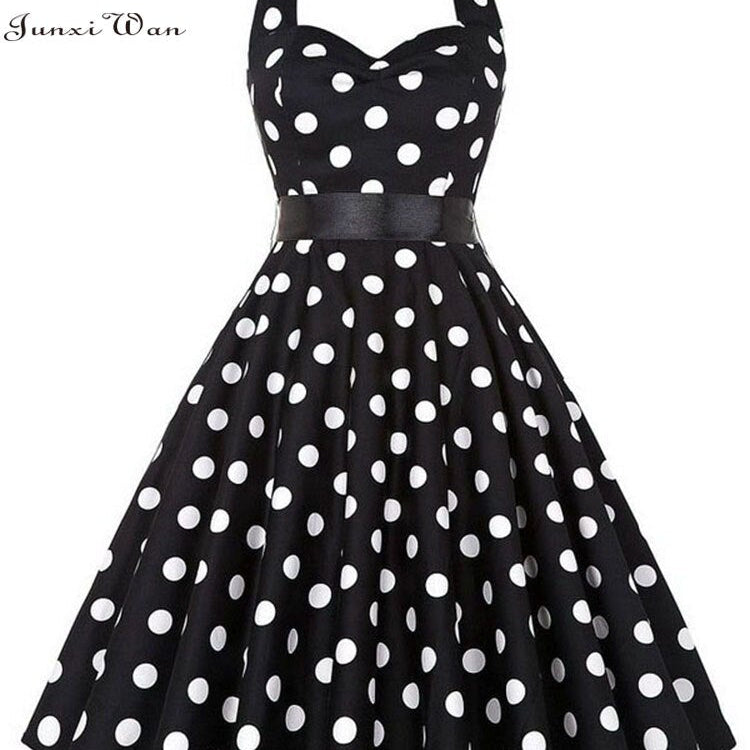 Polka Dot Dress Women Vintage Swing Halter Belt 50s 60s Rockabilly Prom Party Dresses Retro Feminino Vestidos