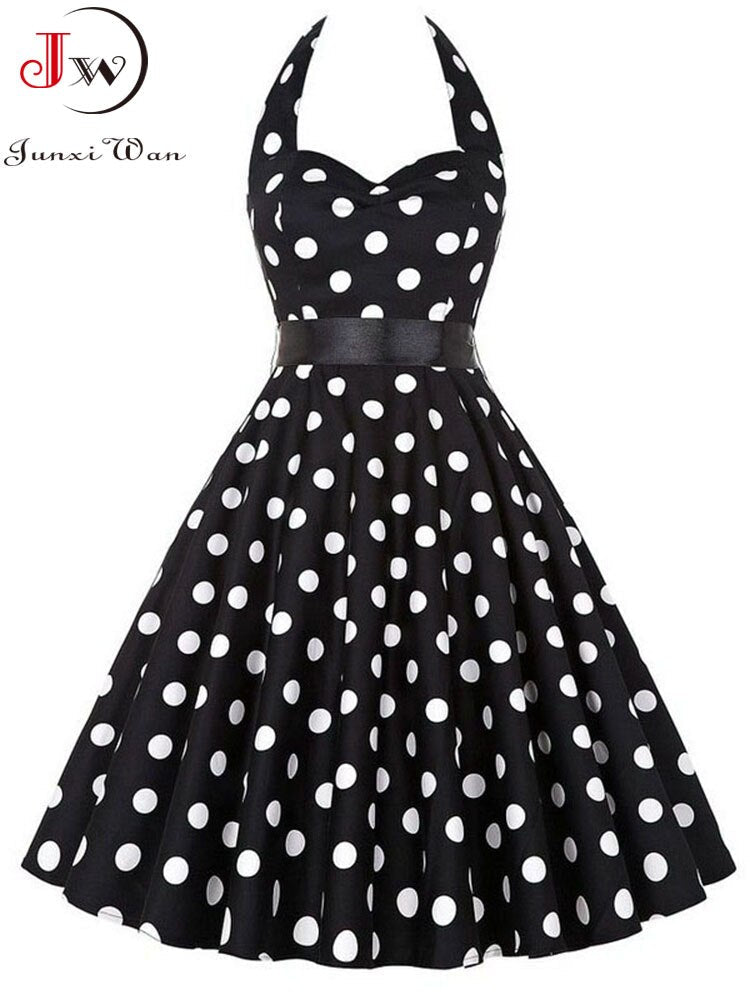 Polka Dot Dress Women Vintage Swing Halter Belt 50s 60s Rockabilly Prom Party Dresses Retro Feminino Vestidos