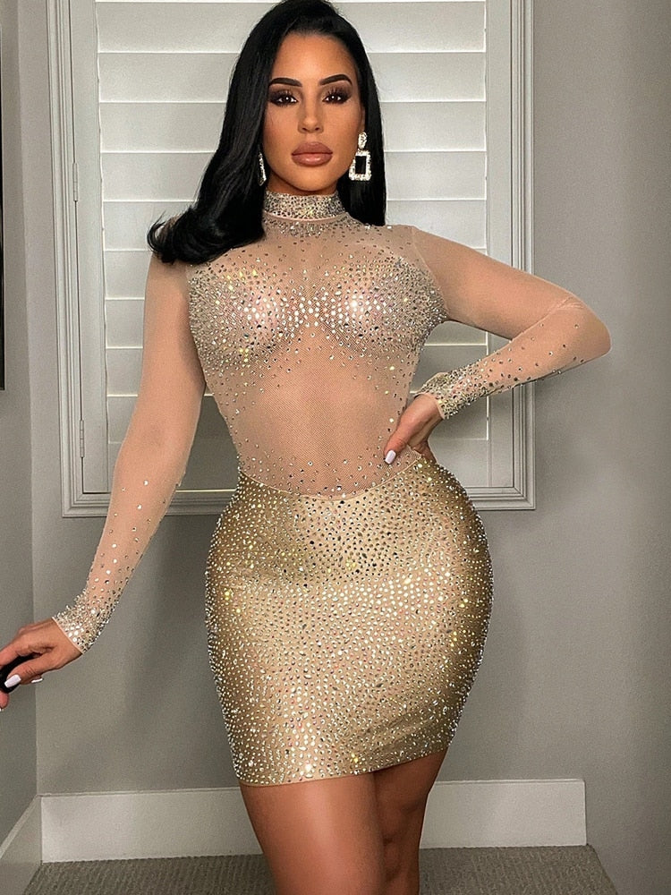 Sexy Mesh Crystal Patchwork Sheer Mini Dress New Elegant Women Long Sleeve Bodycon Dress Night Clubwear Outfits Apricot
