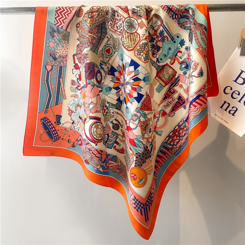 Fashion Print Printing Twill Silk Square Scarf for Women Hijab Muslim Headband Bandana Summer Shawl Beach Stoles Echarpe FN113-5