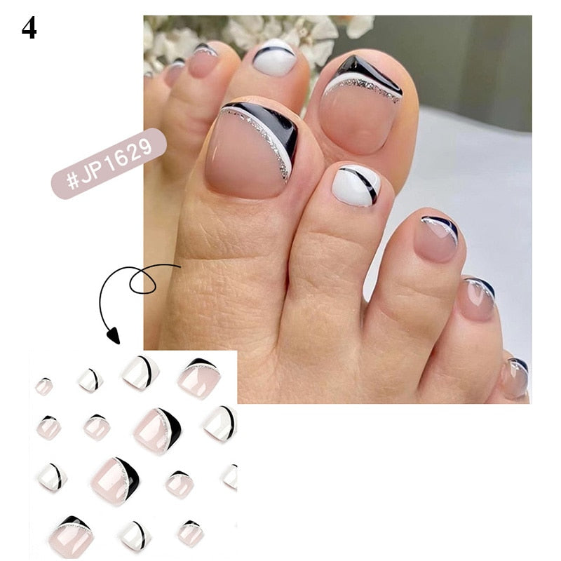 False Toenail 24Pcs/Box Toe Nail 3D Glitter Decor Press On Fake Nails With Glue Detachable Square Short Full Cover DIY Nail Tips