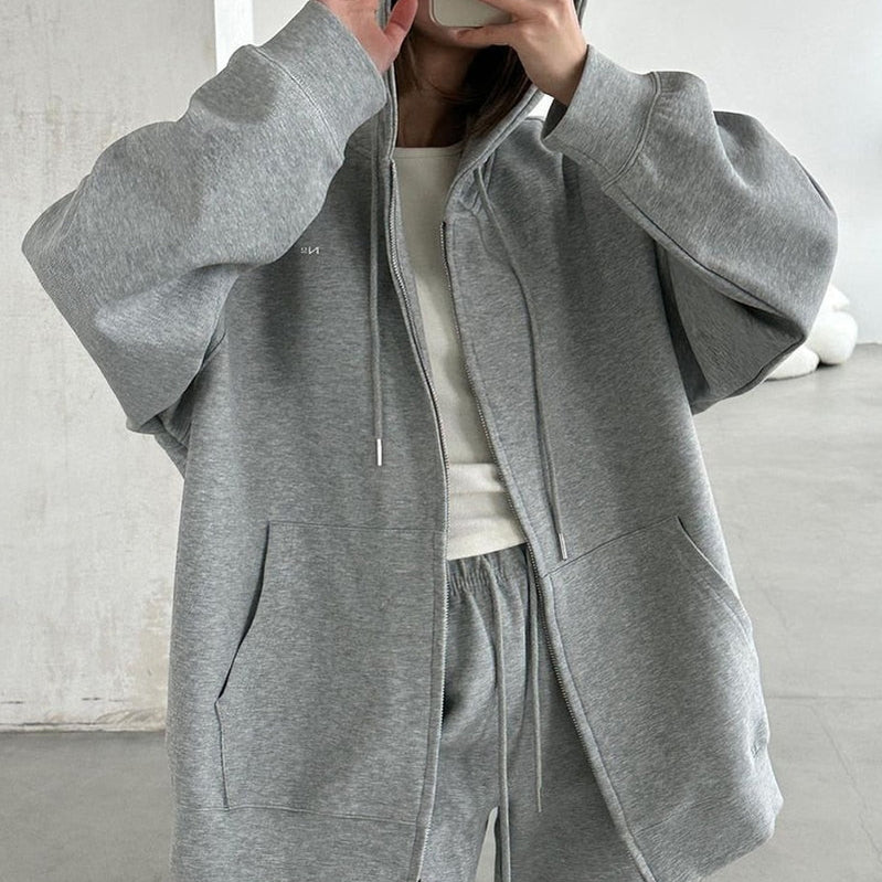 WOTWOY Causal Fleece Hooded Sweatshirts and Pants 2 Piece Sets Womens Outfits Autumn Winter Sweatpants Female Grey Pullovers