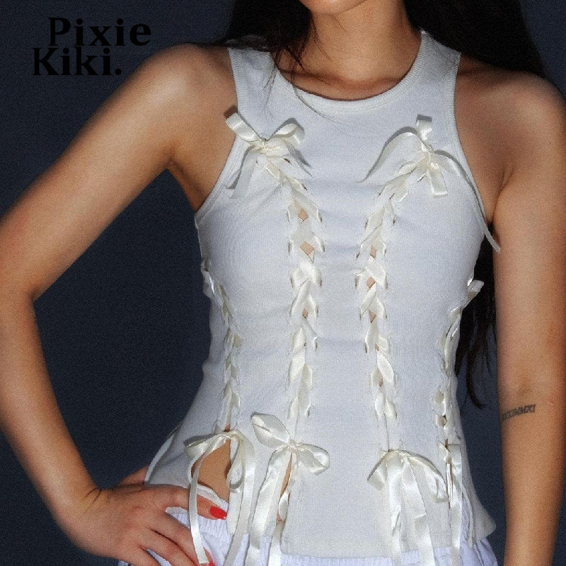 PixieKiki Y2k Fairy Aesthetic Bow Lace Up Hollow Out Ribbed Crop Tops White Summer Sexy Tank Top for Women Summer 2023 P33-BC10