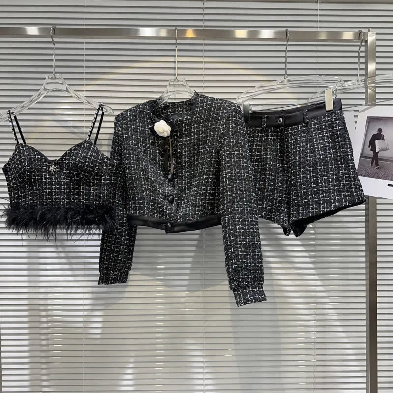 PREPOMP Autumn New Arrival Feathers Camisole Floral Pin Plaid Jacket Slim Shorts Three Piece Set Outfits Women GL610