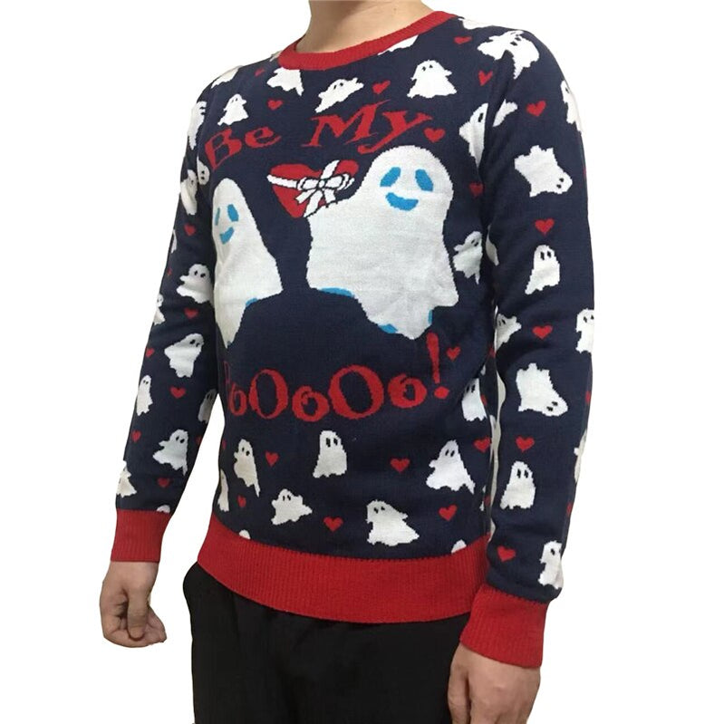 Unisex Cute Knit Funny Be My Boo Ghost Pattern Crewneck Navy Blue Funny Men and Women Ugly Halloween Sweater