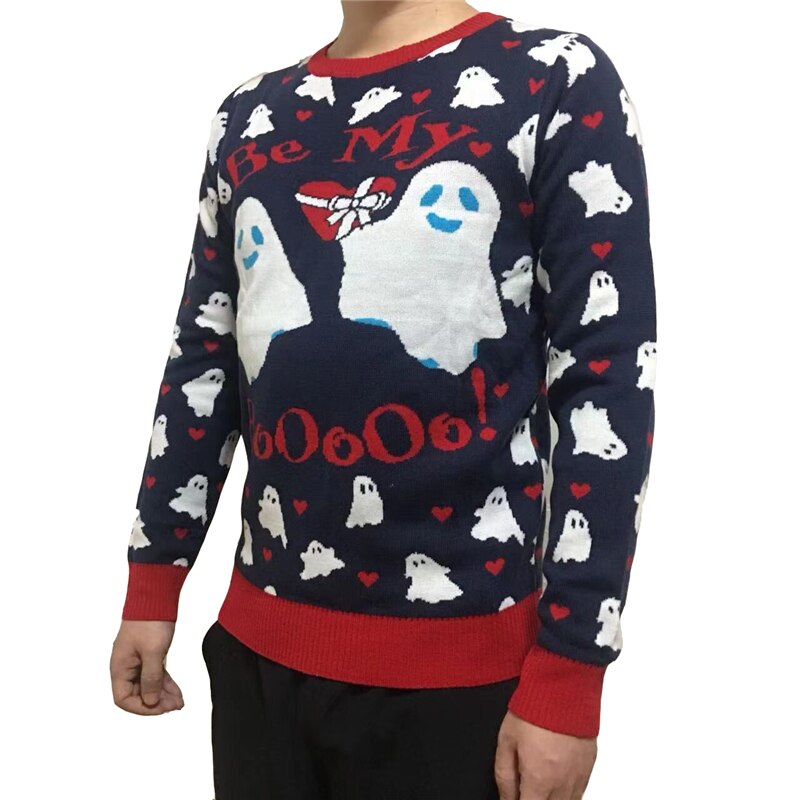 Unisex Cute Knit Funny Be My Boo Ghost Pattern Crewneck Navy Blue Funny Men and Women Ugly Halloween Sweater