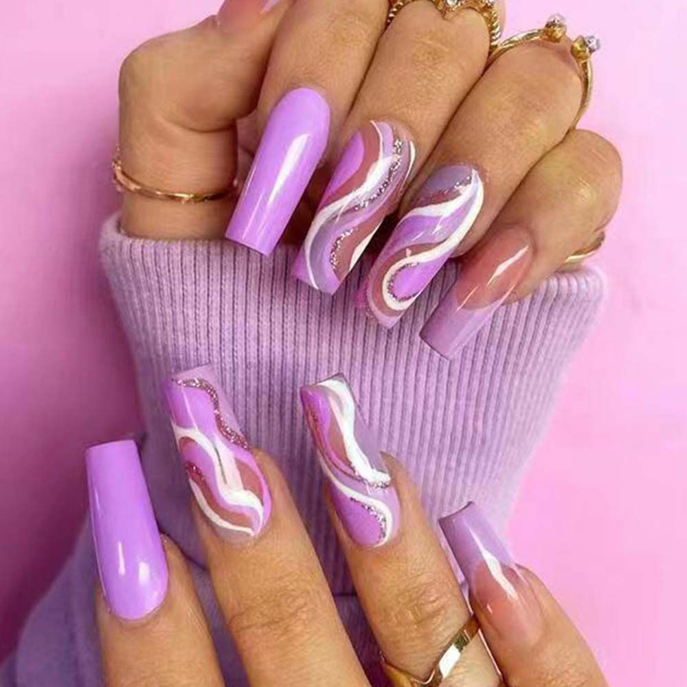 French Ballet False Nails With Gold Foil Glitter Designs Wearable Long Coffin Ballerina Press On Fake Nails Full Cover Nail Tips