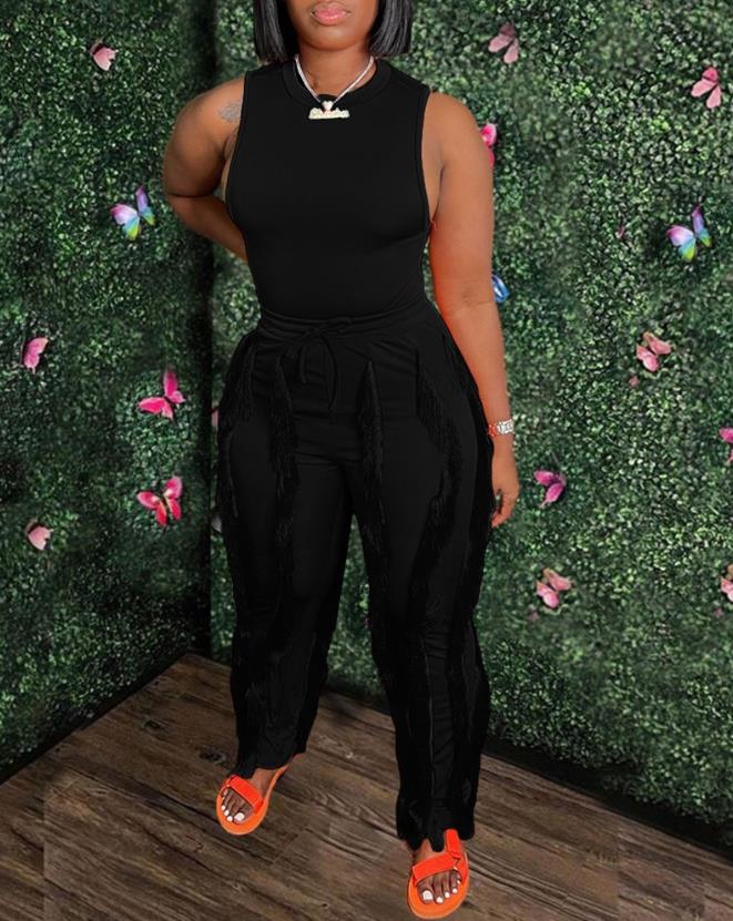 Fashion Solid Romper Casual Tank Top & Tassel Decor Drawstring Pants Set Skinny Tank Jumpsuits Summer Female Outfit Streetwear G