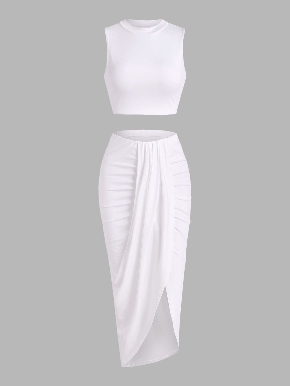 Women’s 2 Pieces Dress Set Sexy Sleeveless Crop Tank Side Slit Twist Skirt Bodycon Maxi Dresses Summer White