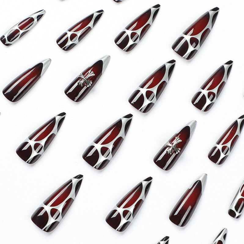 super cool fake nail silver false nail sharp press on nail red black spider special-shaped Punk Artificial Nail Salon Manicure