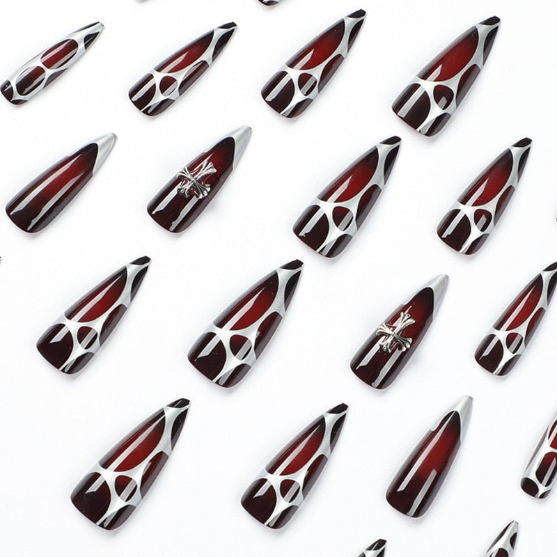 super cool fake nail silver false nail sharp press on nail red black spider special-shaped Punk Artificial Nail Salon Manicure
