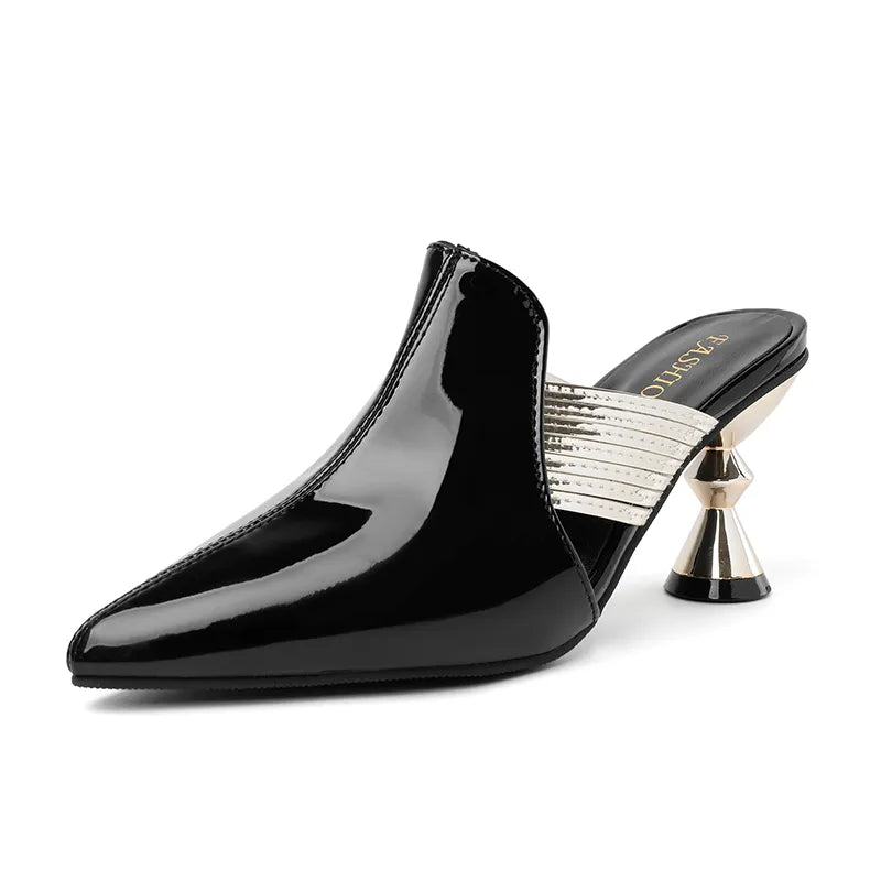 High Heel Slippers Pointed Toe Shoes Woman Elegant Mules Shoes Women Black Green Metal Heel Outdoors Womens Slippers Big Size black