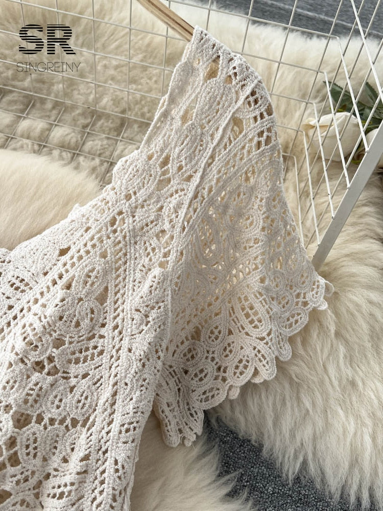 Loose Knit Long Dress Women V Neck Solid Hollow Out Design Retro Fashion Ladies Y2K Casual Summer Beach Dresses