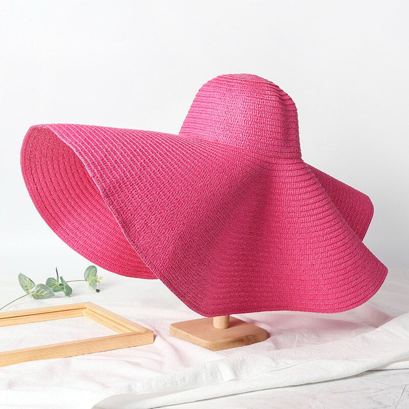 Summer 70cm Large Wide Brim Sun Hats For Women Oversized Beach Hat Foldable Travel Straw Hat Lady UV Protection Sun Shade Hat hot pink 54-57cm