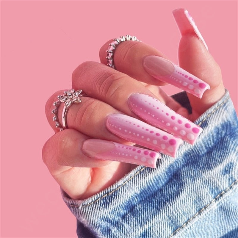 24Pcs/Box White French Fake Nails Press on Long XL Length Rhinestone Design False Nails Full Cover Acrylic Nail Tips