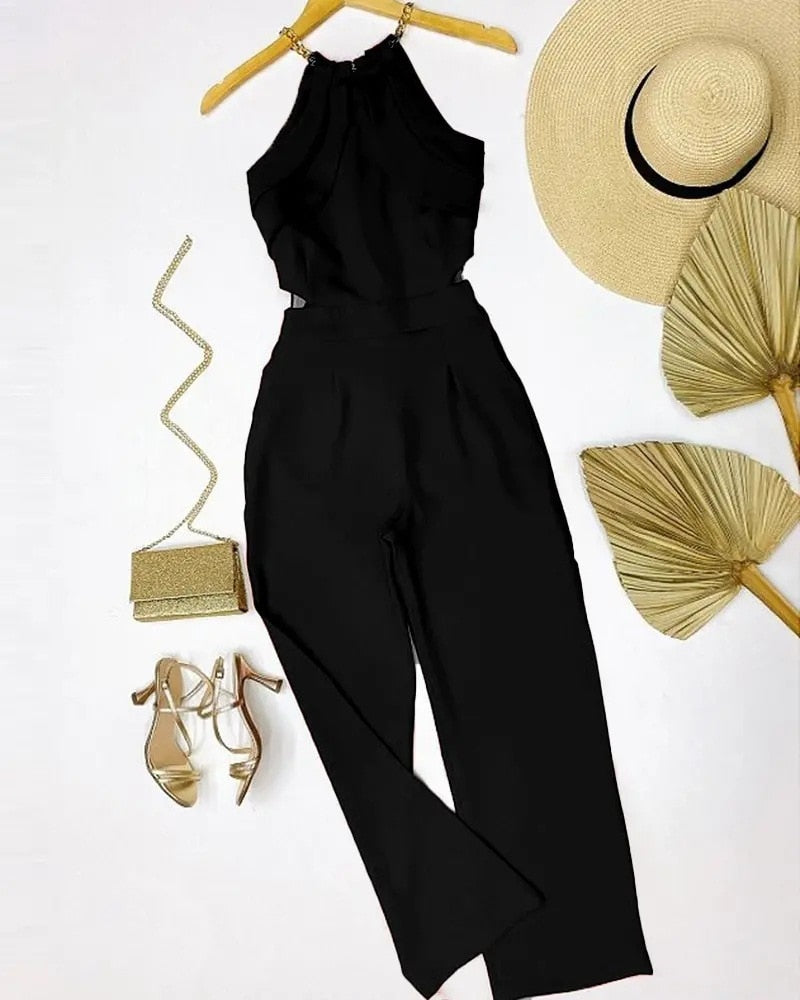 Elegant Europe and America New Solid Fashion Chain Neck Fold Sleeveless Sexy Office Lady Jumpsuit Women Summer OTTD Romper B