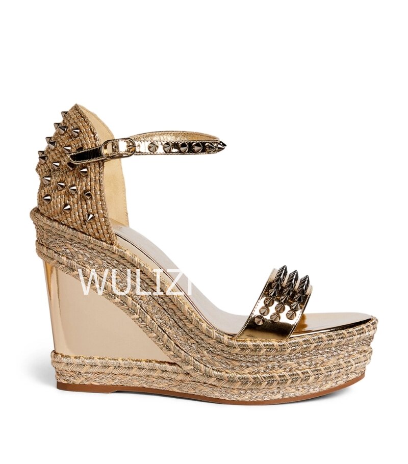 Women Bling Gold Stud Wedge Sandals Espadarille Metallic Hollow Buckle Design Shoes Open Office Bordered Luxury Gladiator Summer 7.5cm 2