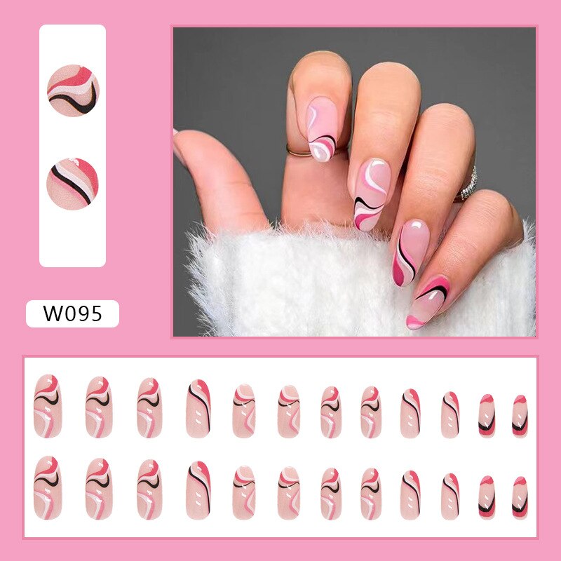 24Pcs/Set Fake Nails With Glue Full Cover Nail Tips Press On Med Nails DIY Manicure Oval Head False Nails Pink Almond Artificial W095 -24Pcs-Set