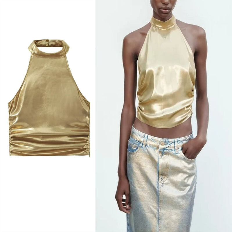Women Metallic Glitter Hanging Neck Crop Top Y2K Fashion Sleeveless Ruched Top Summer Sexy Backless Slim Tops