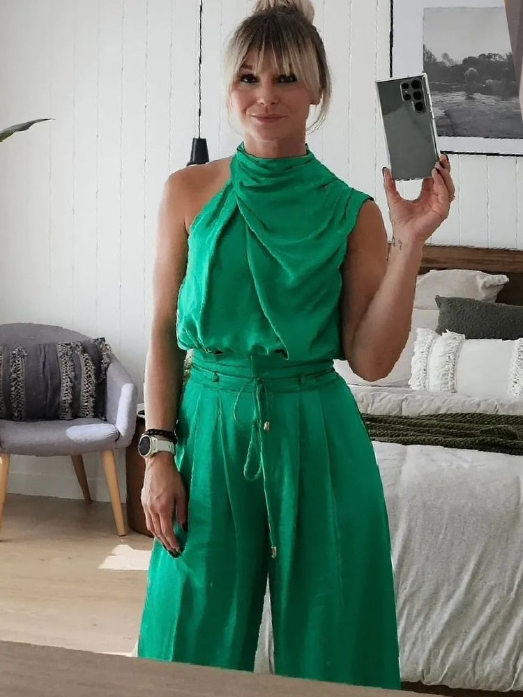 Drauuing Beige Two Piece Pants Sets Women Outfit Silk Pleated Texture Sleeveless Top Wide Leg Pants Set Summer Matching Sets Green