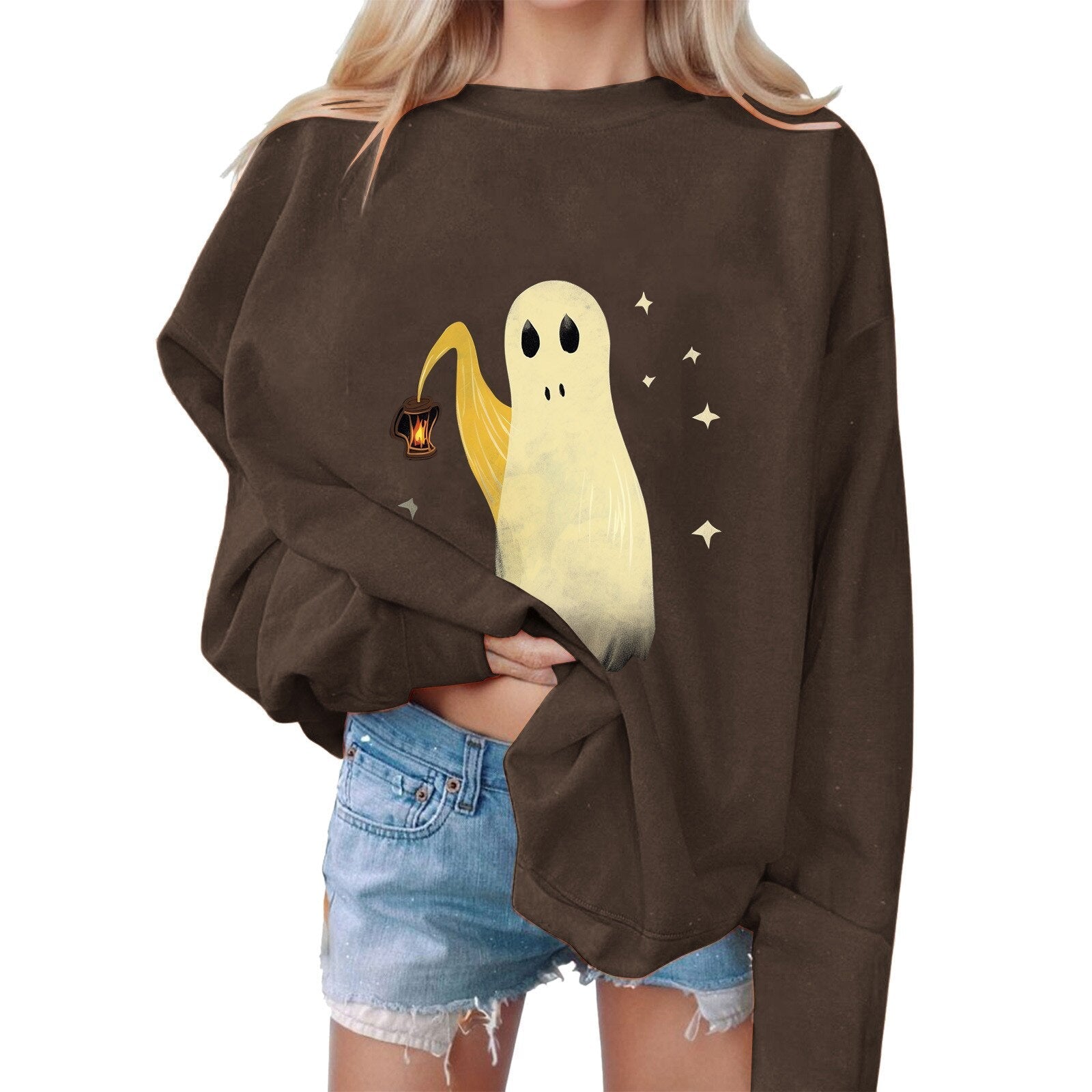 Halloween Sweatshirt Grimace Sweatshirts Ghosts Sweater Personality Women Sweatshirts Round Neck Sudadera Long Sleeve Outfits Coffee