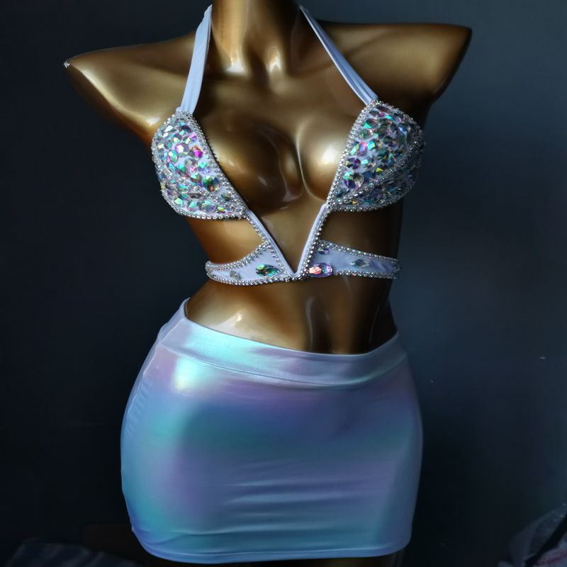 Customized Luxury Rhinestone Dress Crystal Diamond Nightclub Bikini Split Skirt Suit