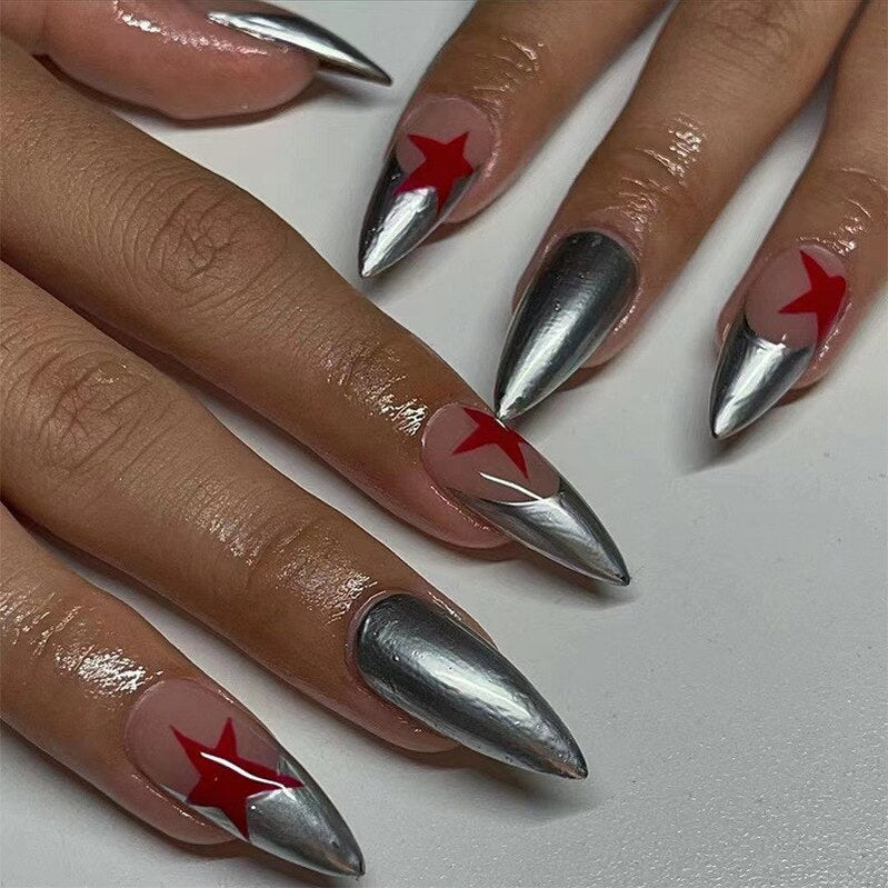 Sweet Cool Silver Stars Rhinestone Wearable Almond Shape Fake Nails Y2K Finished False Nails Press on Nails with Glue Wholesale MT942JP2049
