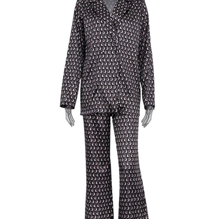Autumn Winter Women Office Satin Suit Sets Printed V-neck Long Sleeve 2 Piece Pant Matching Set Brown