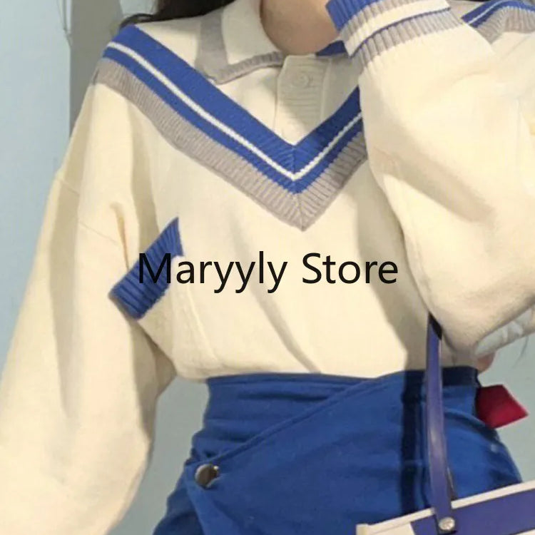 Autumn Fashion Suits Chic Japanese Long Sleeve Y2k Two Piece Dress Set Female Casual Blouse + Blue High Waist Mini Skirts